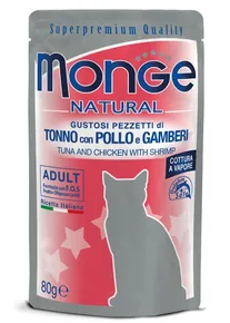 MONGE NATURALNY Kieszonkowy tuńczyk i kurczak w galarecie z krewetkami dla kotów 80g